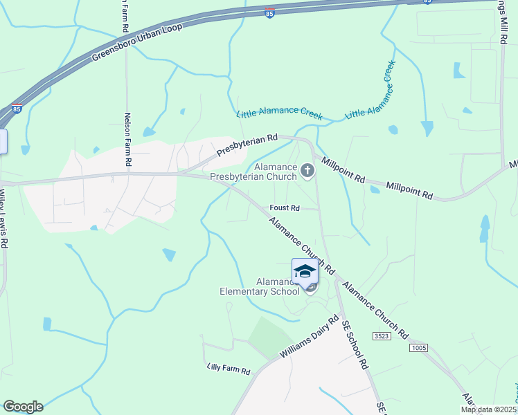 map of restaurants, bars, coffee shops, grocery stores, and more near Alamance Church Road in Greensboro