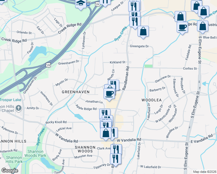 map of restaurants, bars, coffee shops, grocery stores, and more near 507 Mystic Drive in Greensboro