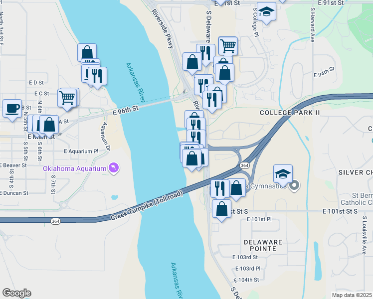 map of restaurants, bars, coffee shops, grocery stores, and more near 9904 Riverside Parkway in Tulsa