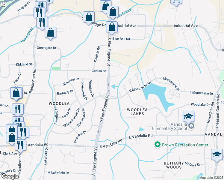 map of restaurants, bars, coffee shops, grocery stores, and more near 103 East Montcastle Drive in Greensboro