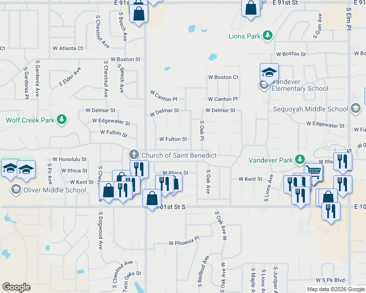 map of restaurants, bars, coffee shops, grocery stores, and more near 1824 West Honolulu Street in Broken Arrow