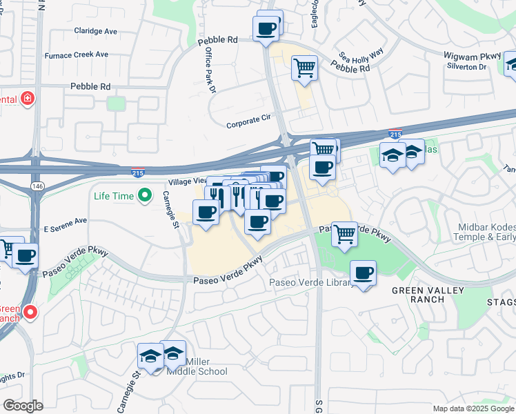 map of restaurants, bars, coffee shops, grocery stores, and more near 2240 Village Walk Drive in Henderson