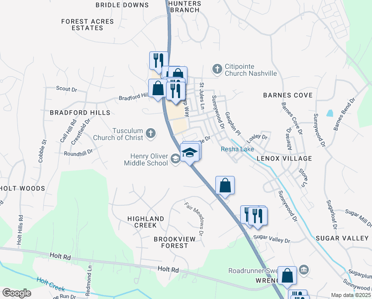 map of restaurants, bars, coffee shops, grocery stores, and more near 8046 Bienville Drive in Nashville