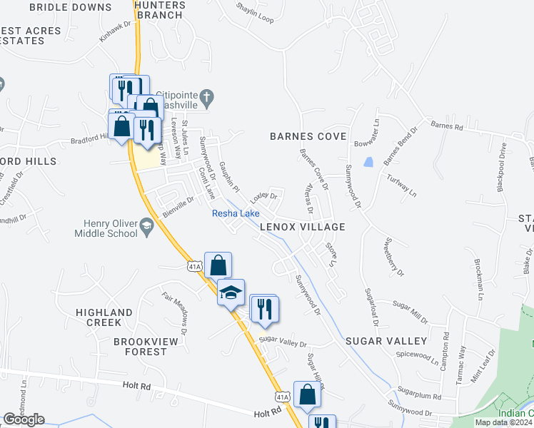 map of restaurants, bars, coffee shops, grocery stores, and more near 9030 Rigden Mill Drive in Nashville