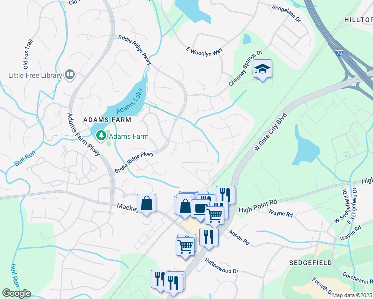map of restaurants, bars, coffee shops, grocery stores, and more near 6 Flint Ridge Court in Greensboro