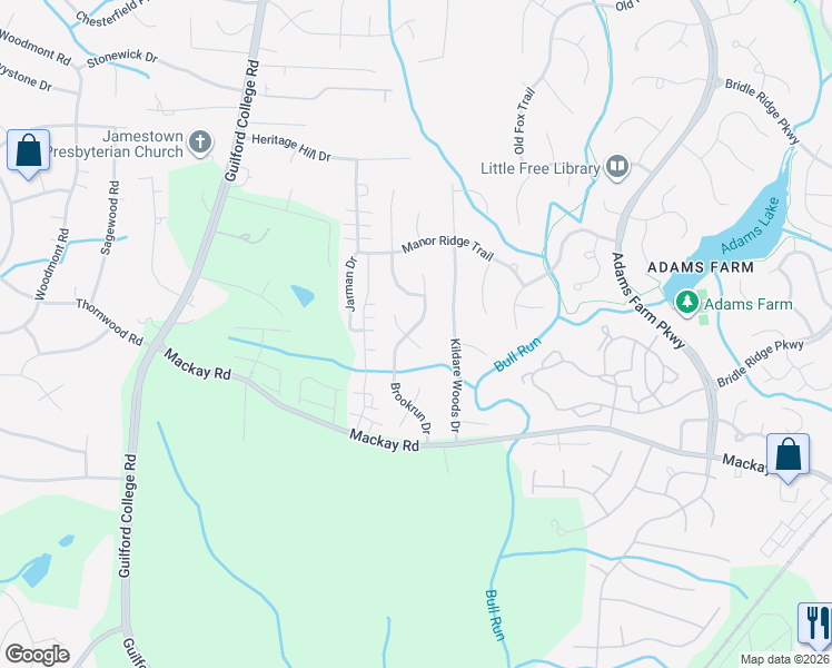 map of restaurants, bars, coffee shops, grocery stores, and more near 3206 Brookrun Drive in Jamestown