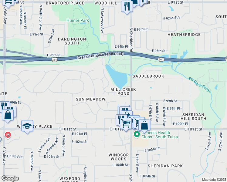 map of restaurants, bars, coffee shops, grocery stores, and more near 6226 East 98th Street in Tulsa