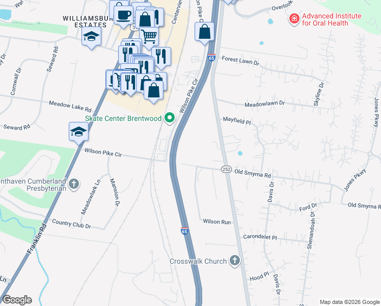 map of restaurants, bars, coffee shops, grocery stores, and more near 501 Wilson Run in Brentwood
