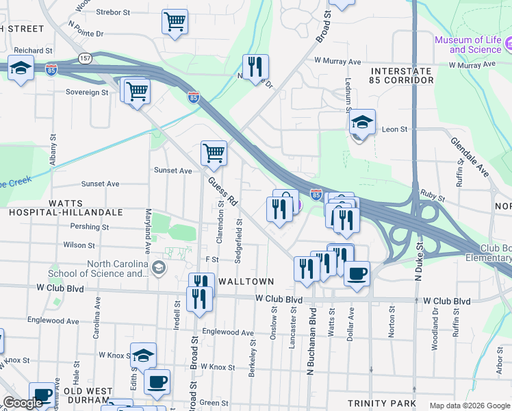 map of restaurants, bars, coffee shops, grocery stores, and more near 1407 Berkeley Street in Durham