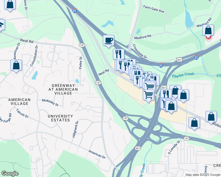 map of restaurants, bars, coffee shops, grocery stores, and more near 208 Bridgefield Place in Durham