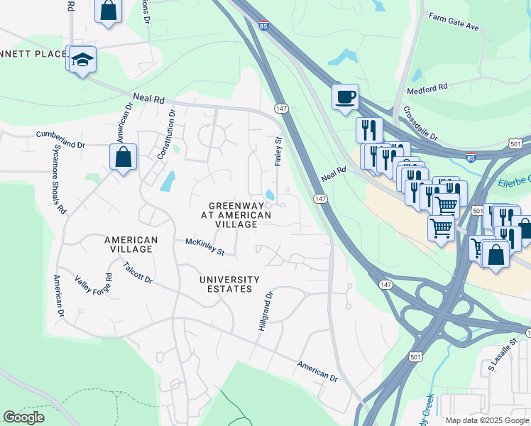 map of restaurants, bars, coffee shops, grocery stores, and more near 213 Silas Street in Durham