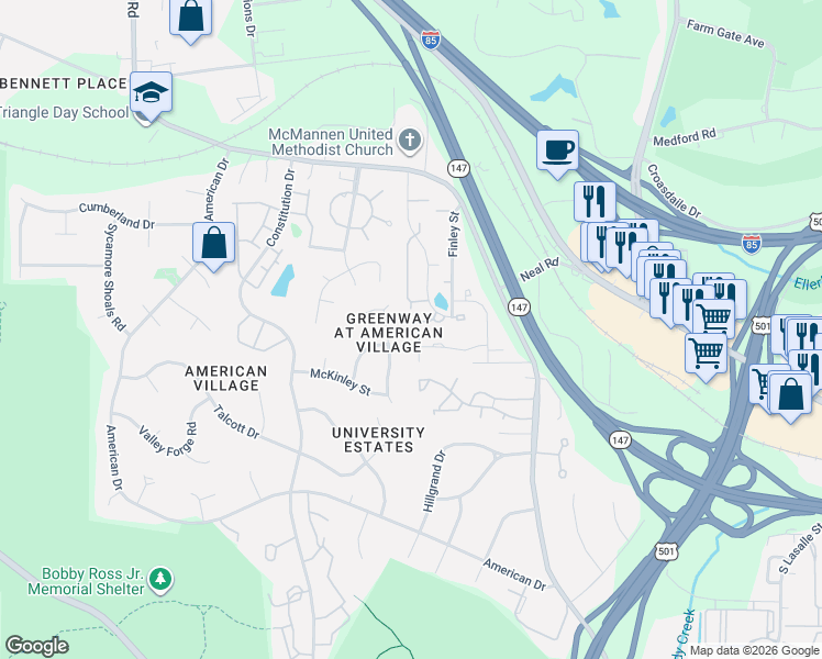 map of restaurants, bars, coffee shops, grocery stores, and more near 108 Sturdivant Road in Durham