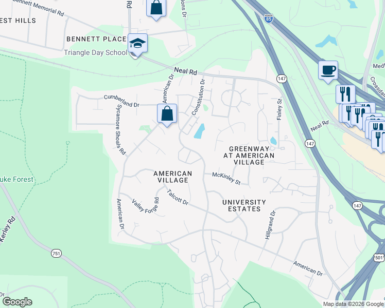 map of restaurants, bars, coffee shops, grocery stores, and more near 90 Intuition Circle in Durham
