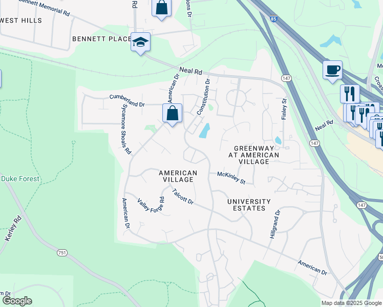 map of restaurants, bars, coffee shops, grocery stores, and more near 44 Intuition Circle in Durham