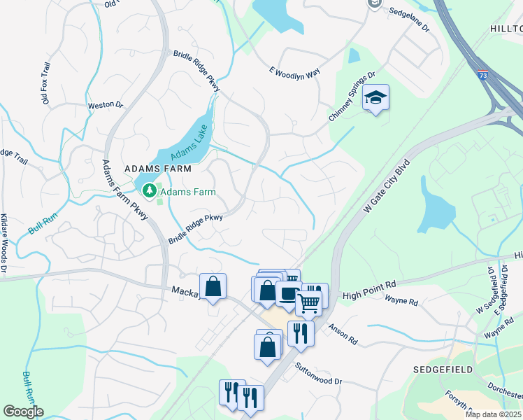 map of restaurants, bars, coffee shops, grocery stores, and more near 6 Flint Ridge Court in Greensboro