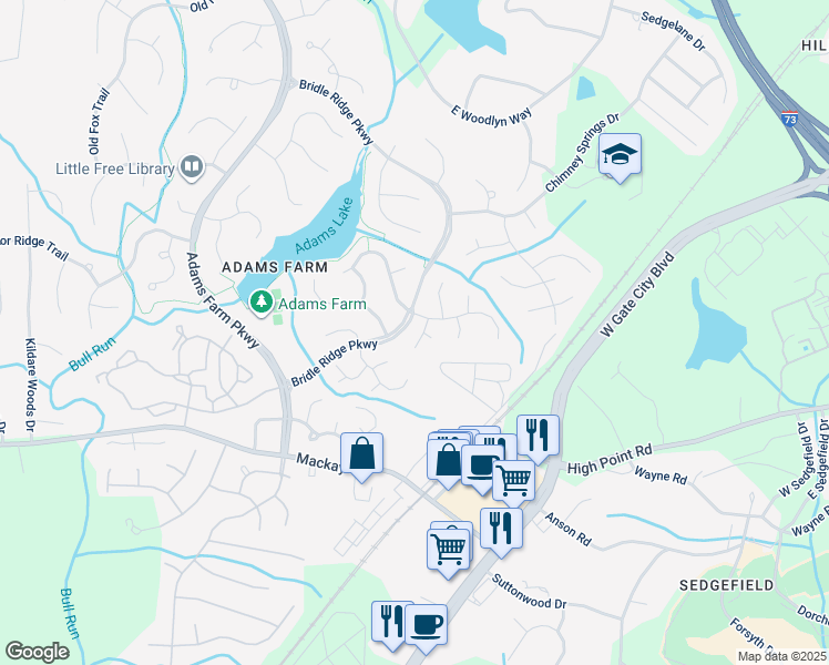 map of restaurants, bars, coffee shops, grocery stores, and more near 6 Printers Lane in Greensboro