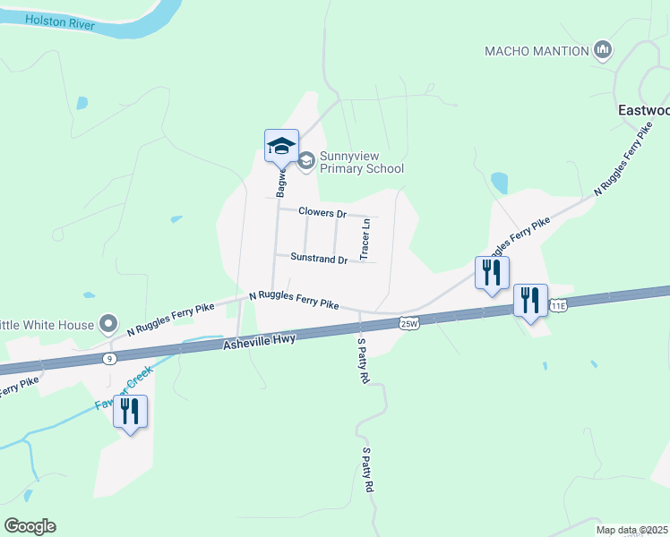 map of restaurants, bars, coffee shops, grocery stores, and more near 6923 North Ruggles Ferry Pike in Knoxville