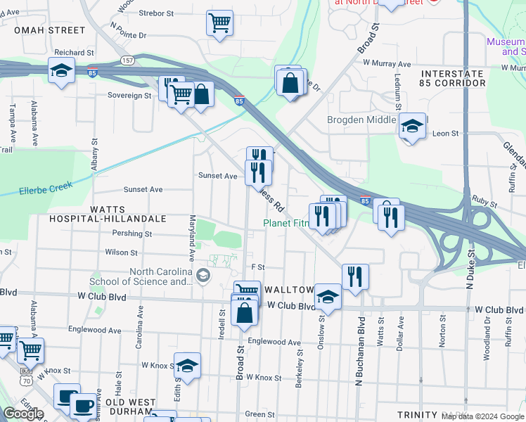 map of restaurants, bars, coffee shops, grocery stores, and more near 1413 Clarendon Street in Durham