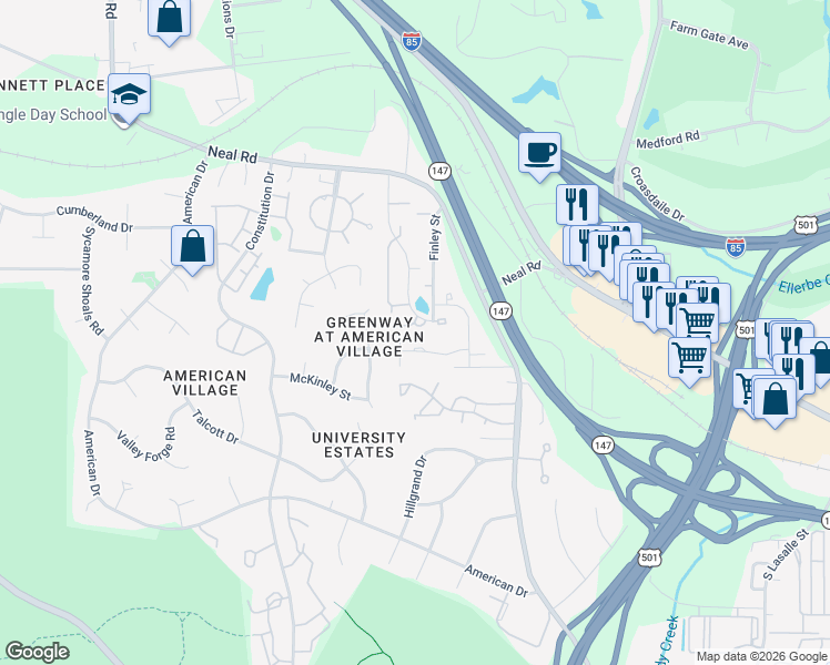 map of restaurants, bars, coffee shops, grocery stores, and more near 213 Silas Street in Durham
