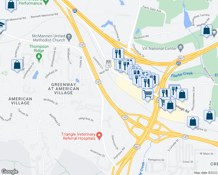 map of restaurants, bars, coffee shops, grocery stores, and more near 207 Bridgefield Place in Durham