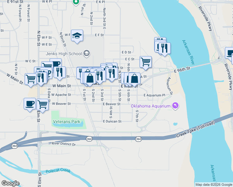 map of restaurants, bars, coffee shops, grocery stores, and more near 408 East Apache Street in Jenks