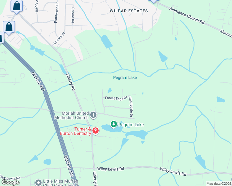 map of restaurants, bars, coffee shops, grocery stores, and more near 2108 Forest Edge Drive in Greensboro