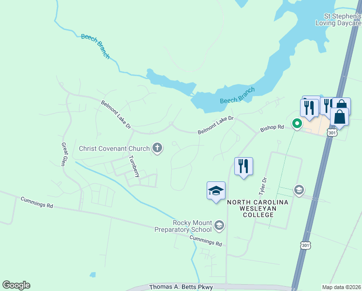 map of restaurants, bars, coffee shops, grocery stores, and more near 617-629 Chimney Hill Way in Rocky Mount