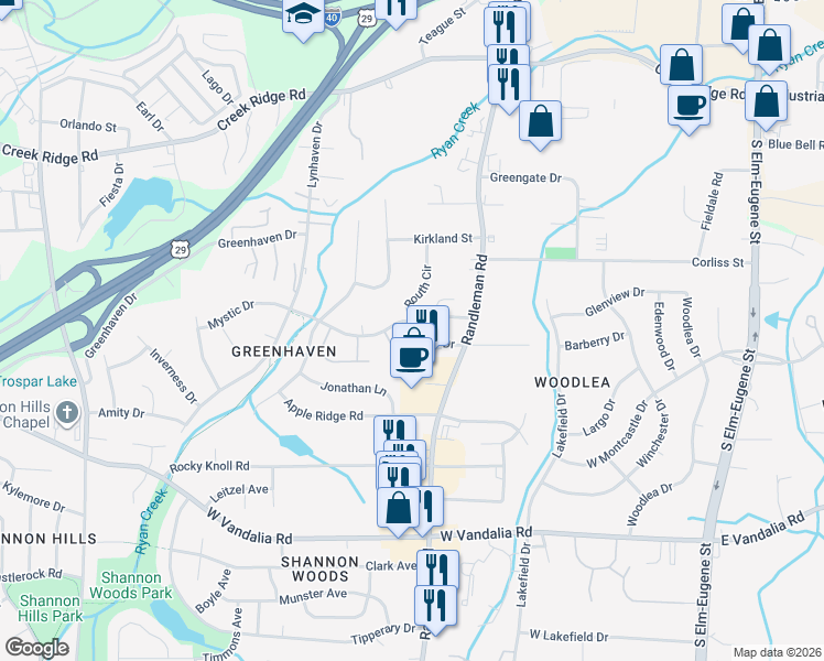map of restaurants, bars, coffee shops, grocery stores, and more near 507 Mystic Drive in Greensboro