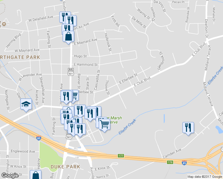 map of restaurants, bars, coffee shops, grocery stores, and more near 704 East Ellerbee Street in Durham
