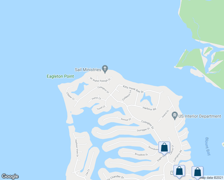 map of restaurants, bars, coffee shops, grocery stores, and more near 101 Kitty Hawk Bay Drive North in Kill Devil Hills