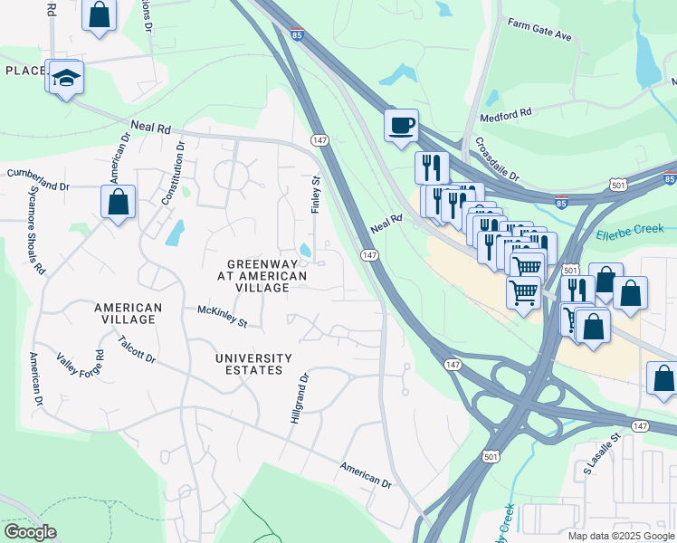 map of restaurants, bars, coffee shops, grocery stores, and more near 53 Galway Glenn Ln in Durham