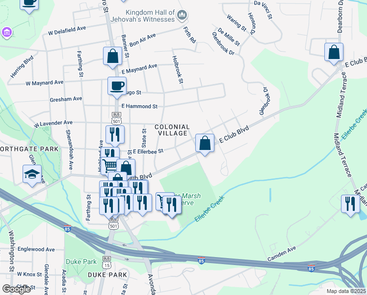 map of restaurants, bars, coffee shops, grocery stores, and more near 704 East Ellerbee Street in Durham