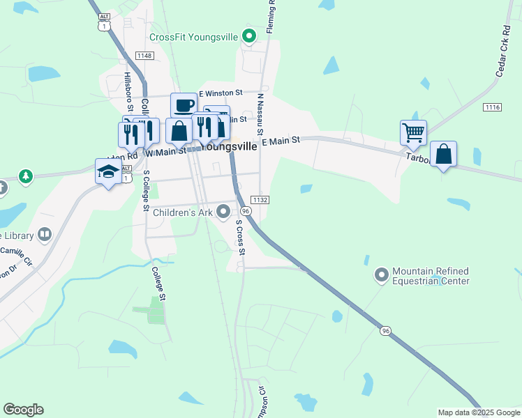map of restaurants, bars, coffee shops, grocery stores, and more near 309 Nassau Street in Youngsville