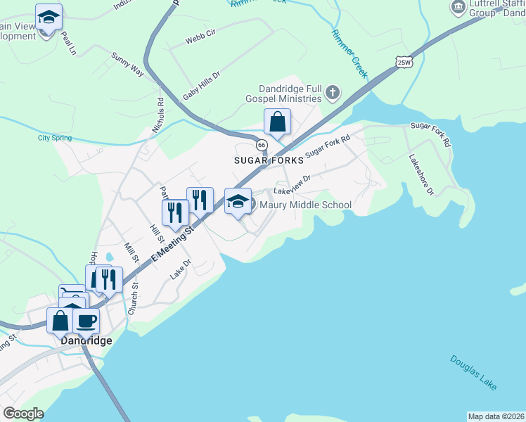 map of restaurants, bars, coffee shops, grocery stores, and more near 965 Maury Circle in Dandridge