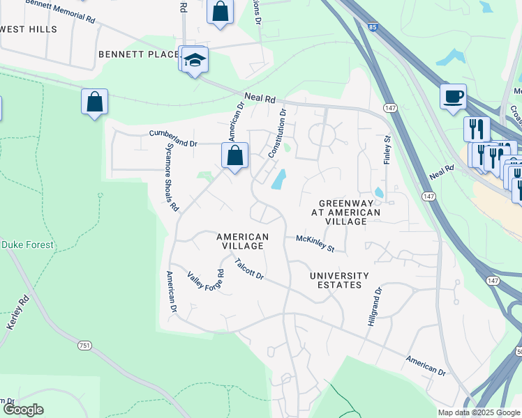 map of restaurants, bars, coffee shops, grocery stores, and more near 2 Intuition Circle in Durham
