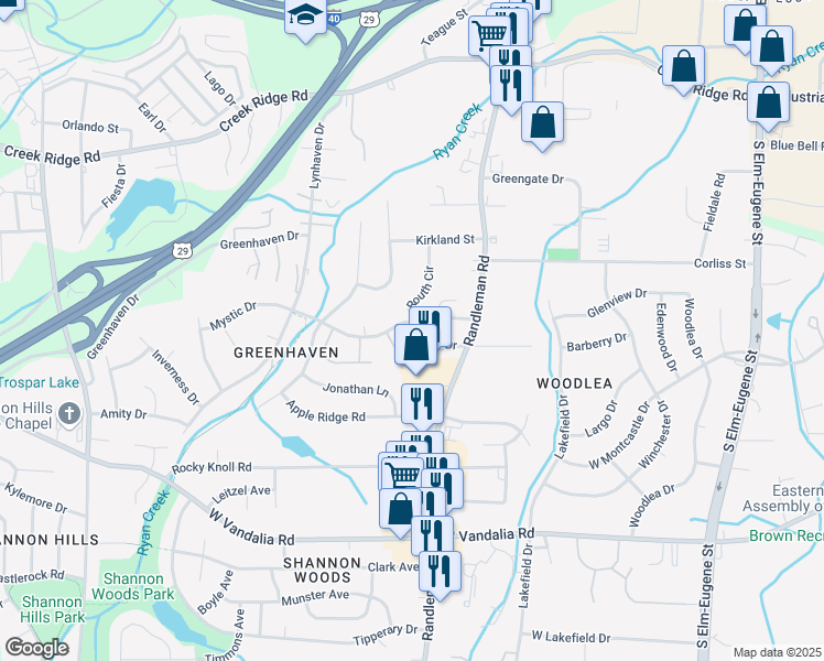 map of restaurants, bars, coffee shops, grocery stores, and more near 515 Mystic Drive in Greensboro