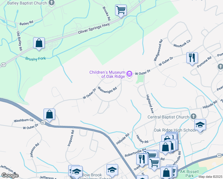 map of restaurants, bars, coffee shops, grocery stores, and more near 116 Wainwright Road in Oak Ridge