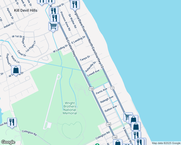 map of restaurants, bars, coffee shops, grocery stores, and more near 108 Lowell Avenue in Kill Devil Hills