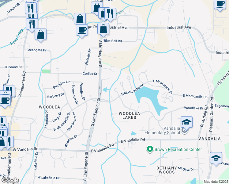 map of restaurants, bars, coffee shops, grocery stores, and more near 207 East Montcastle Drive in Greensboro