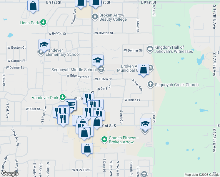 map of restaurants, bars, coffee shops, grocery stores, and more near 2905 South Cedar Court in Broken Arrow