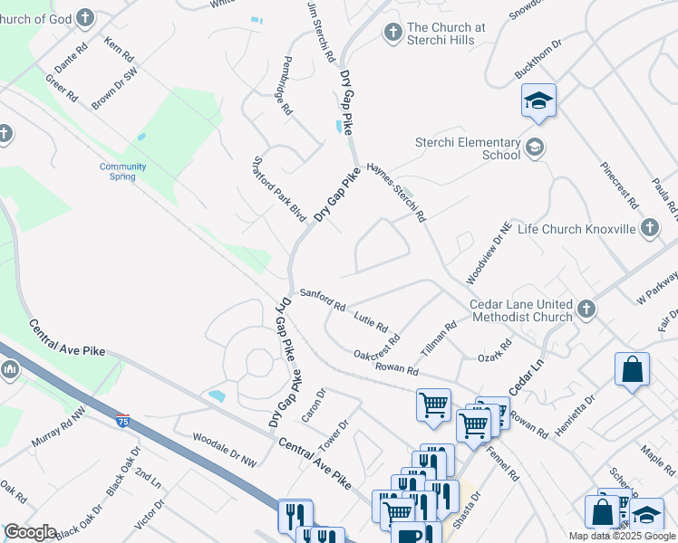 map of restaurants, bars, coffee shops, grocery stores, and more near 500 Dry Gap Pike in Knoxville