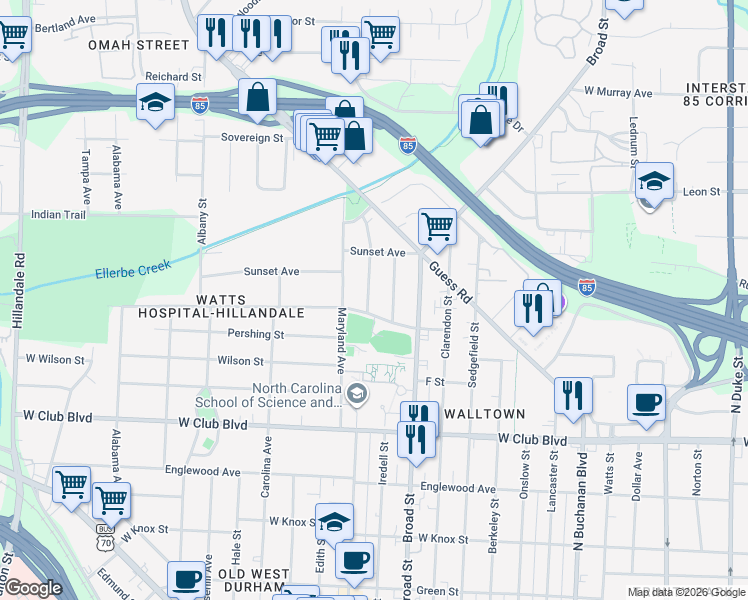 map of restaurants, bars, coffee shops, grocery stores, and more near 1604 Delaware Avenue in Durham