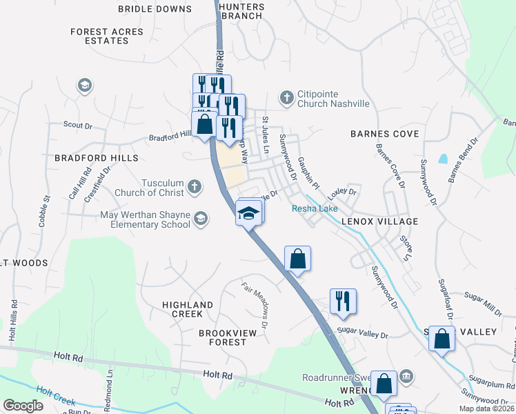 map of restaurants, bars, coffee shops, grocery stores, and more near 8047 Bienville Drive in Nashville