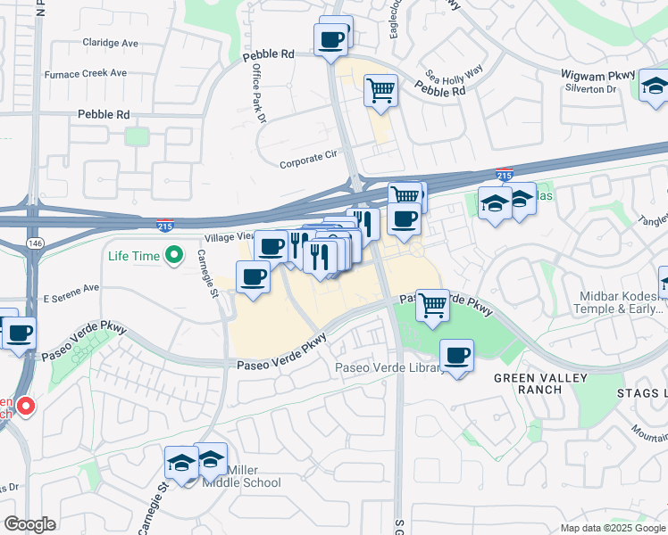 map of restaurants, bars, coffee shops, grocery stores, and more near 2220 Village Walk Drive in Henderson