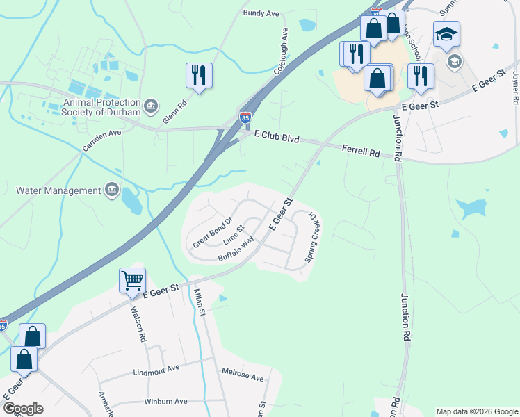 map of restaurants, bars, coffee shops, grocery stores, and more near 2307 Buffalo Way in Durham