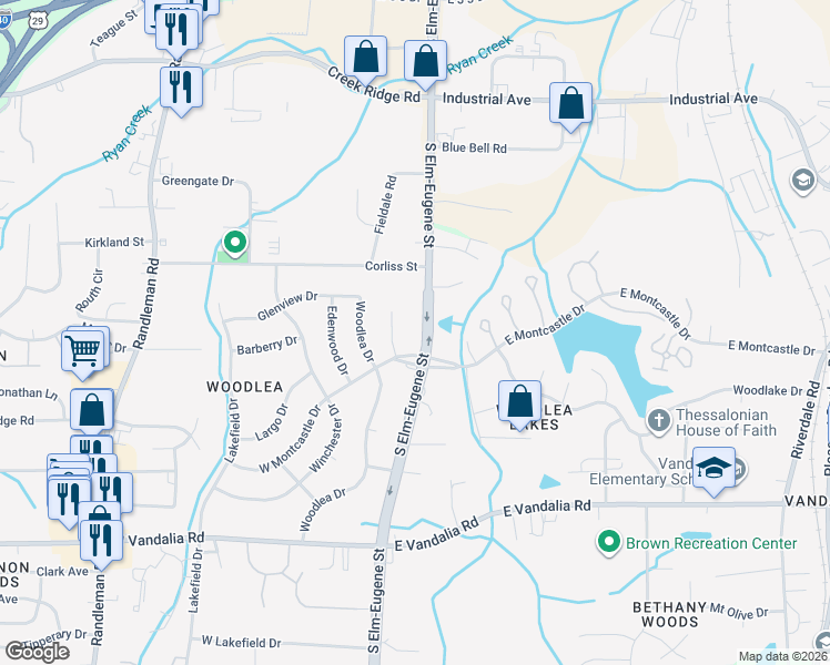 map of restaurants, bars, coffee shops, grocery stores, and more near 3216 South Elm-Eugene Street in Greensboro