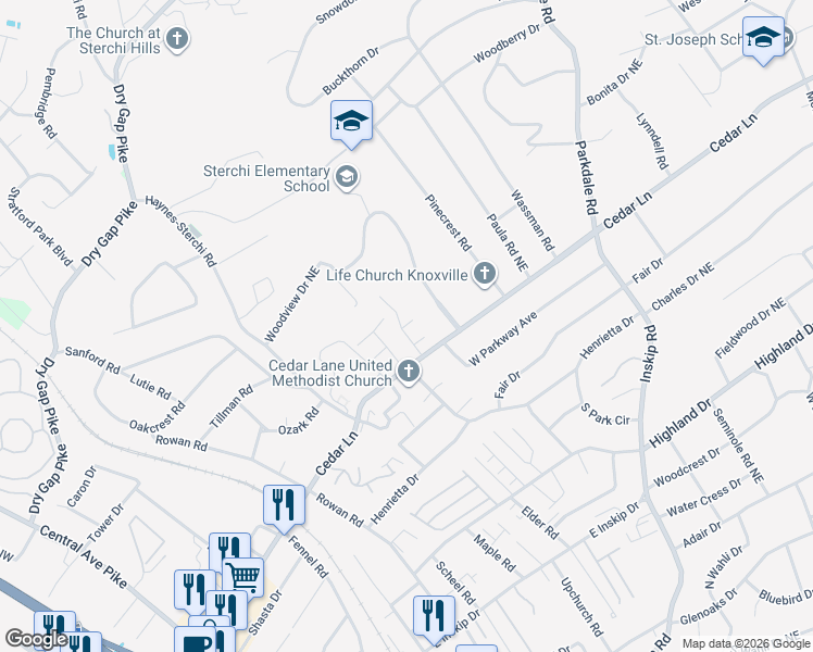 map of restaurants, bars, coffee shops, grocery stores, and more near 5321 Cedar Heights Road Northeast in Knoxville