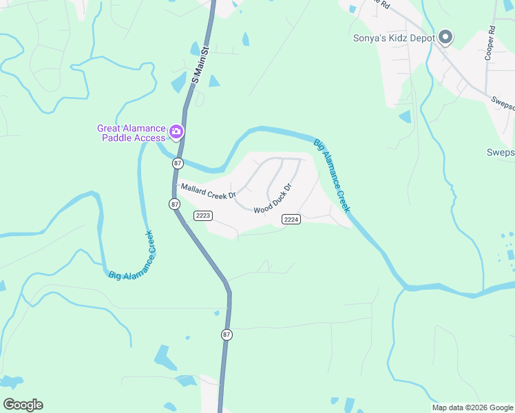 map of restaurants, bars, coffee shops, grocery stores, and more near 2312 Wood Duck Drive in Graham