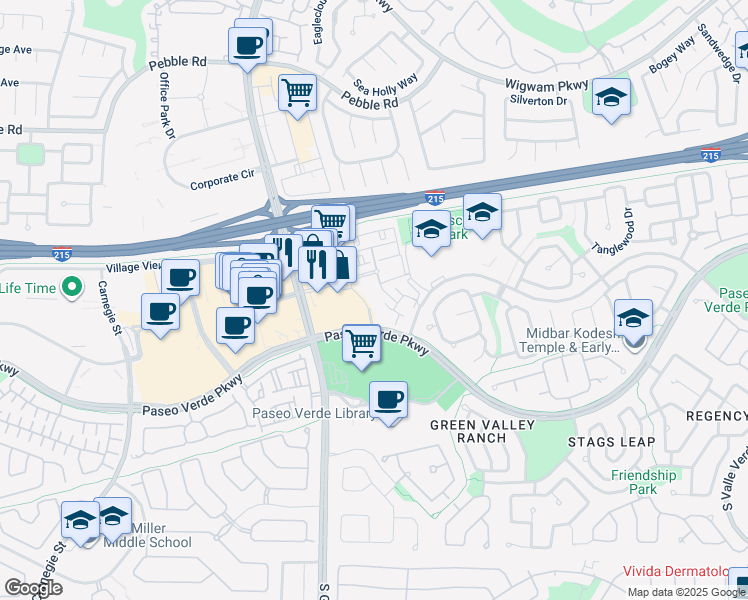 map of restaurants, bars, coffee shops, grocery stores, and more near 190 South Green Valley Parkway in Henderson