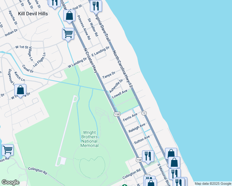 map of restaurants, bars, coffee shops, grocery stores, and more near 108 Lowell Avenue in Kill Devil Hills